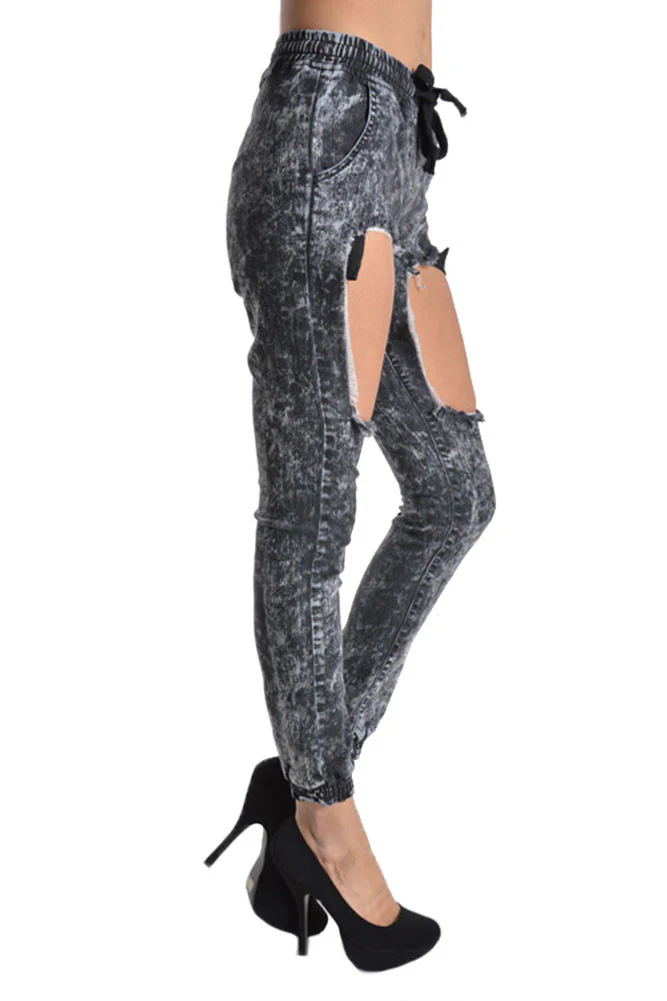 Women's Torn Acid Wash Denim Jogger Pants - Image 10