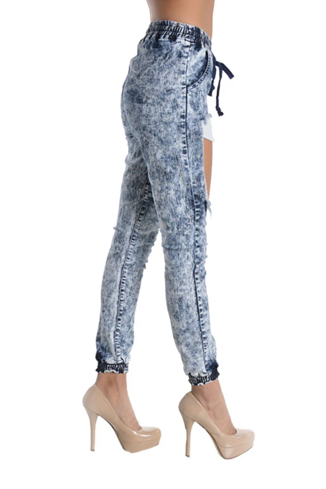 Women's Torn Acid Wash Denim Jogger Pants - Image 3
