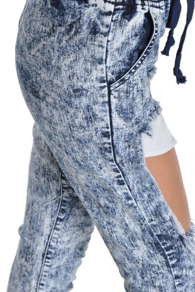 Women's Torn Acid Wash Denim Jogger Pants - Image 5