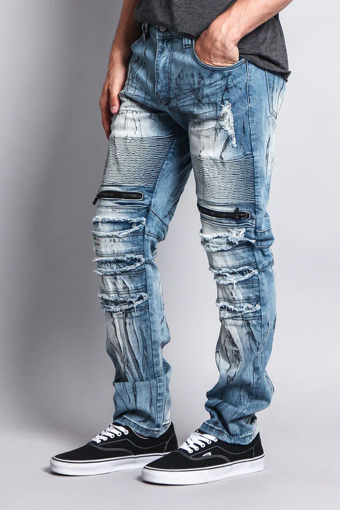 Zipper Cut Grease Wash Biker Jeans - Image 3